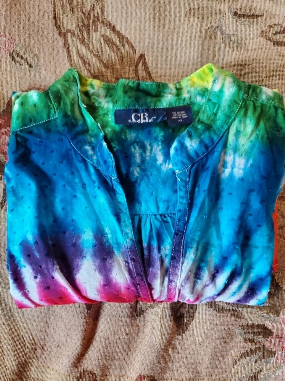 CB casual Green and Blue Tie-Dye V-Neck Top